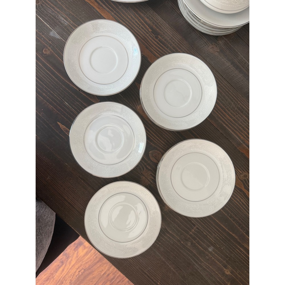 8 American Limoges Salem Heritage Lace Bouquet Saucers Platinum Trim 6in Japan